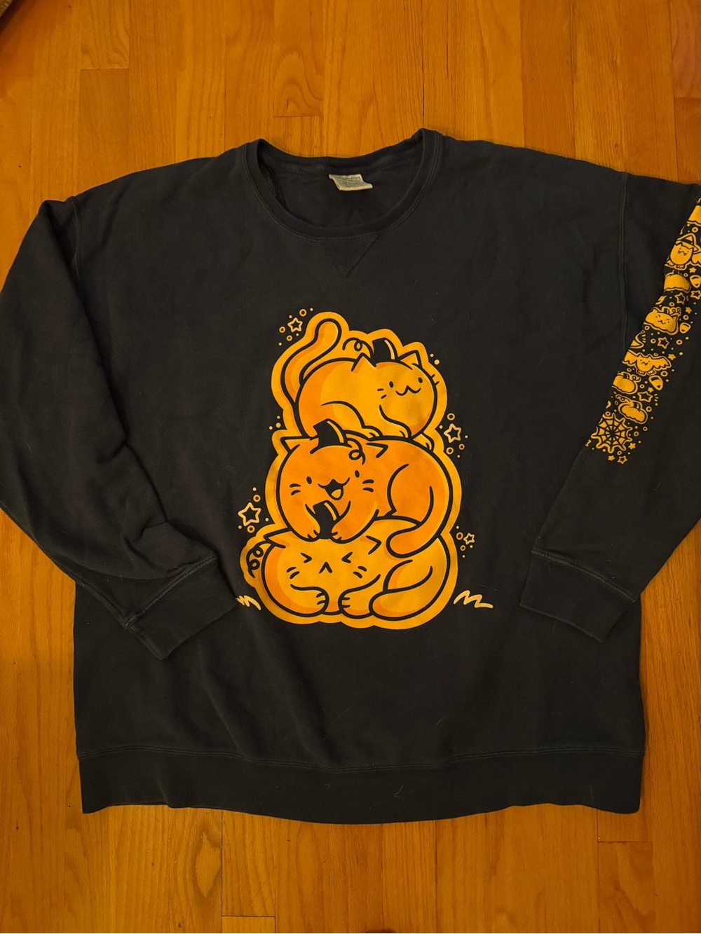 Blue Pullover Sweatshirt with Orange Stacked Cat Print Halloween